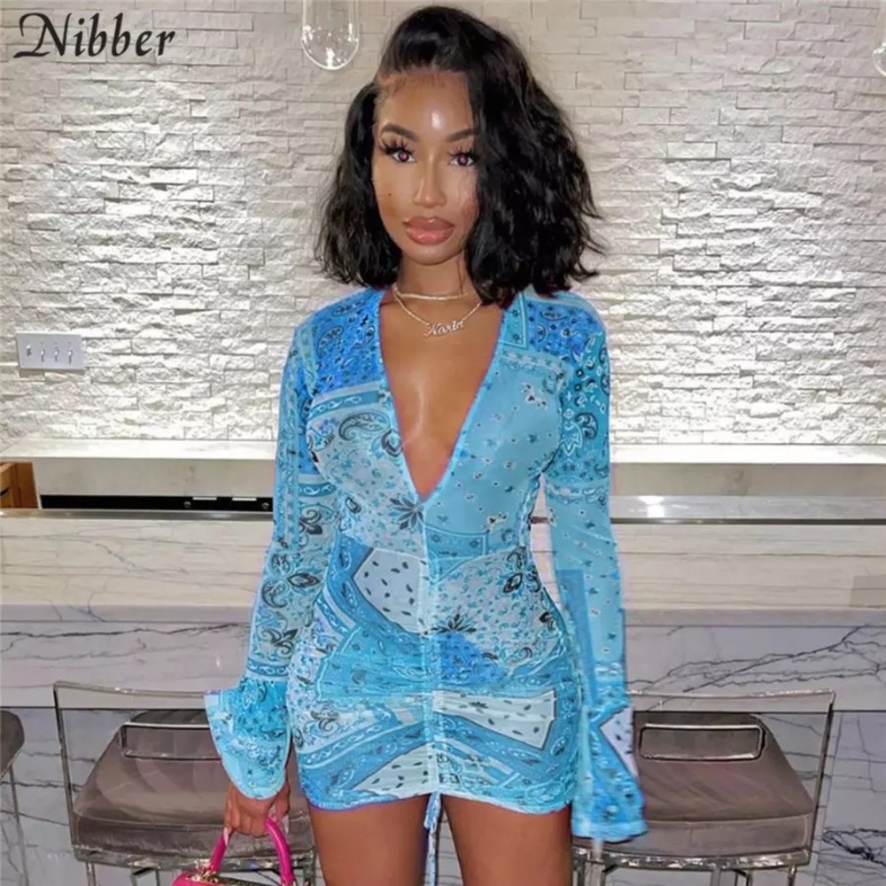 NIBBER Summer Sexy Retro Print Neon Dress Women's V-neck Long Sleeve Fashion